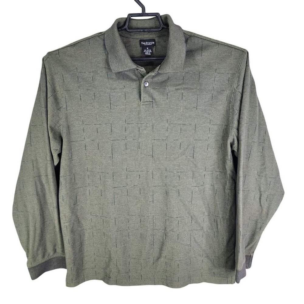 Mens Olive Green Van Heusen Polo Shirt Long Sleeve Cotton Polyester Blend Size M